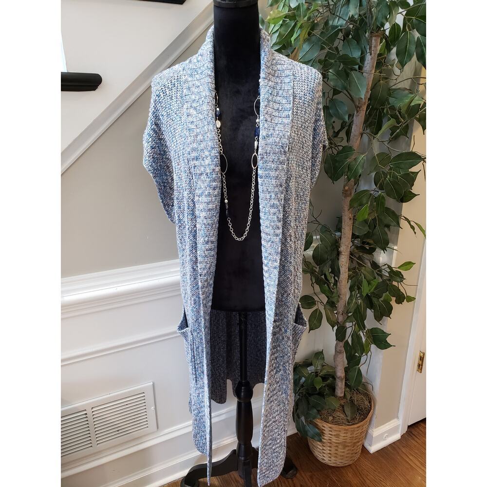 CAbi Cardigan Sweater Women's M Blue Chunky Knit Cotton Cap Sleeve Open Frontβ